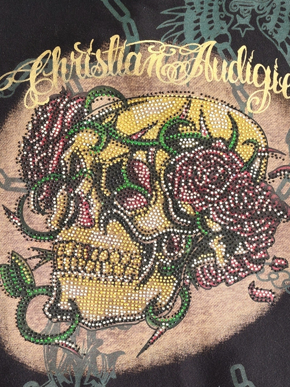 RARE Vintage Inspired Christian Audigier Black Y2K Mcbling Skull Tatoo Hoodie